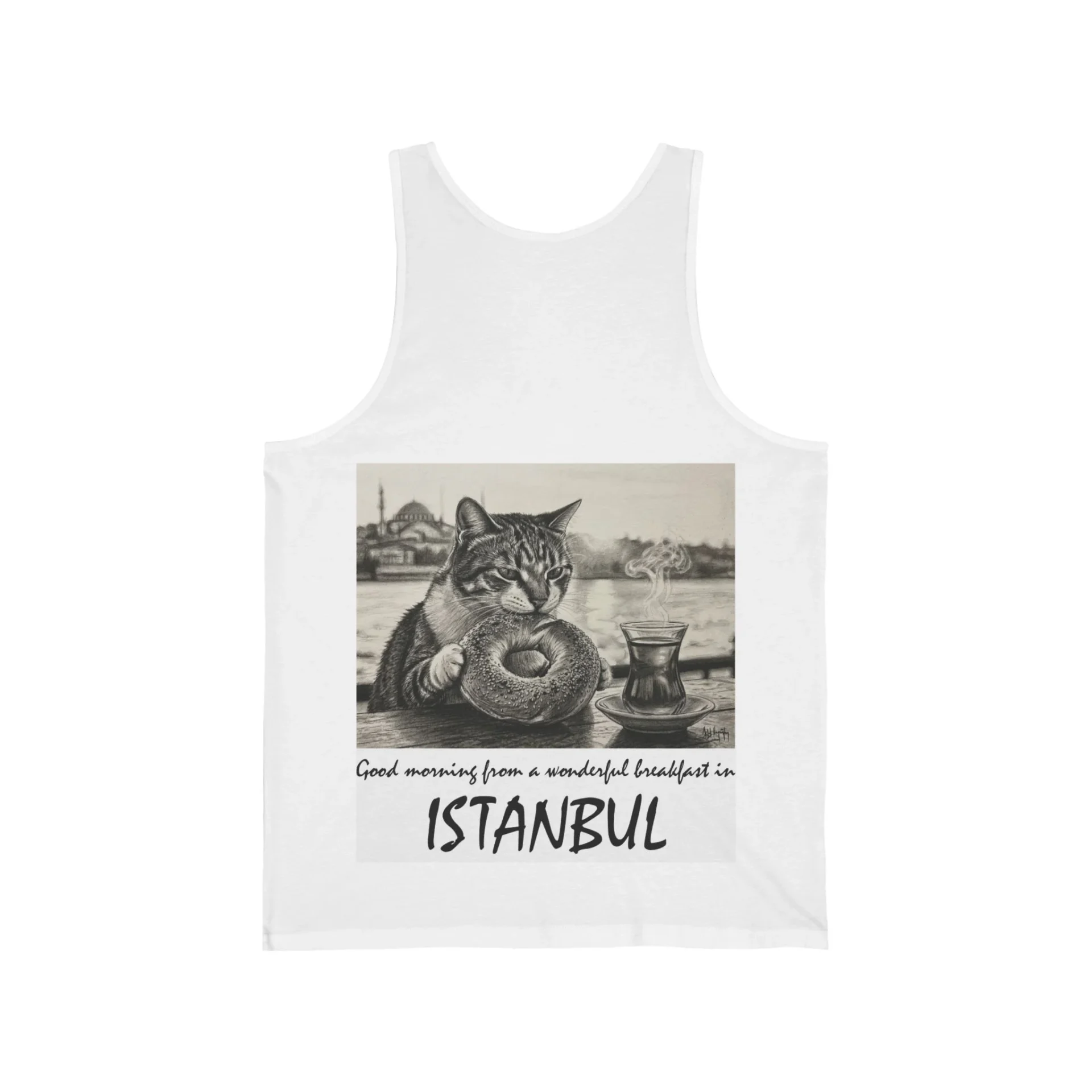 İstanbul'da Kahvaltı Keyfi | Karakalem tasarım baskılı Kolsuz T-Shirt - Görsel 4