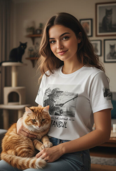 İstanbul'un Entel Kedisi T-Shirt | Balık Verme, Tutmayı Öğret | Özgün karakalem tasarım