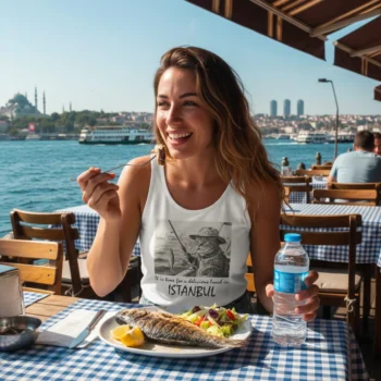 İstanbul’da Öğle Yemeğinde Balık Keyfi baskılı Kolsuz T-Shirt