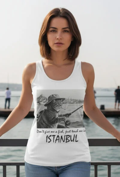 "Bana balık verme, tutmayı öğret" | Karakalem tasarım Baskılı Kolsuz T-Shirt