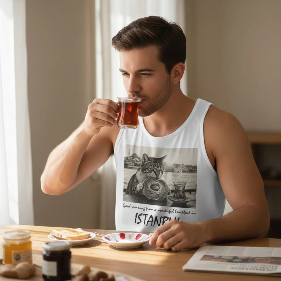 İstanbul'da Kahvaltı Keyfi | Karakalem tasarım baskılı Kolsuz T-Shirt - Görsel 2