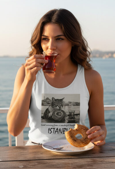 İstanbul'da Kahvaltı Keyfi | Karakalem tasarım baskılı Kolsuz T-Shirt