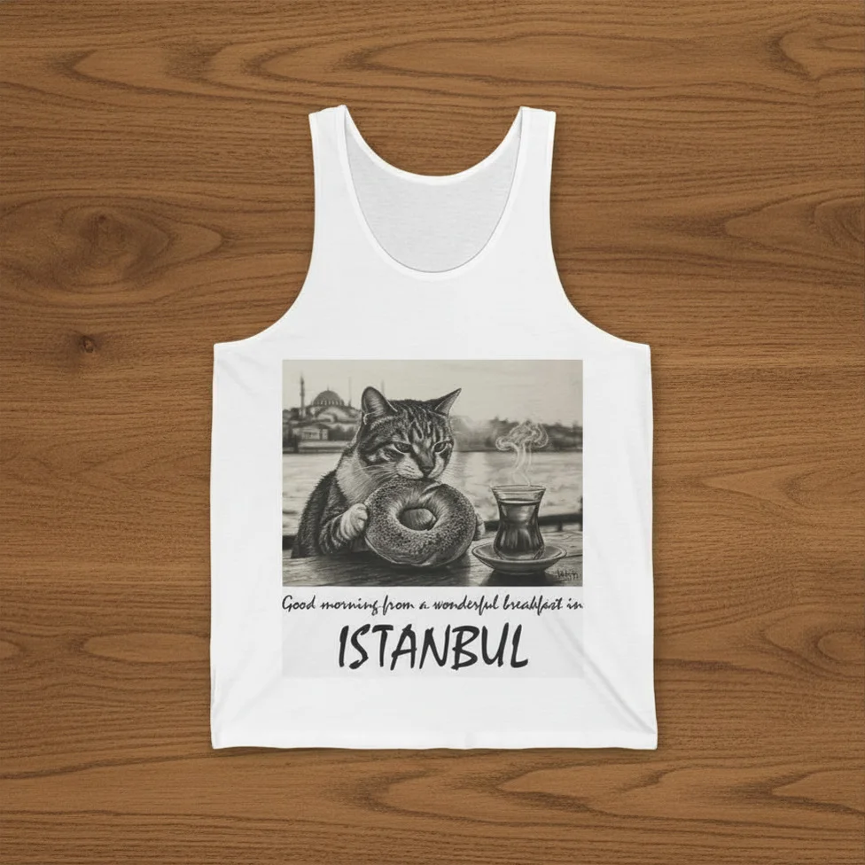 İstanbul'da Kahvaltı Keyfi | Karakalem tasarım baskılı Kolsuz T-Shirt - Görsel 3