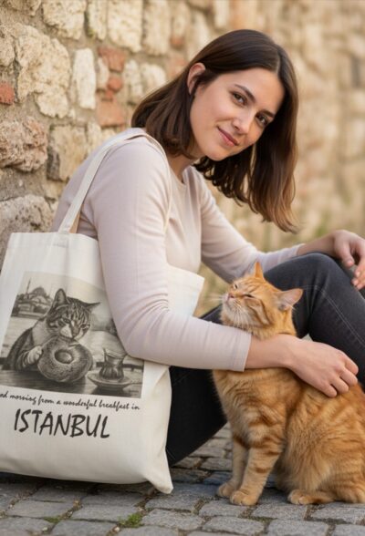 Kahvaltı Keyfi Baskılı Bez Çanta | Catstanbul | Karakalem Çalışma